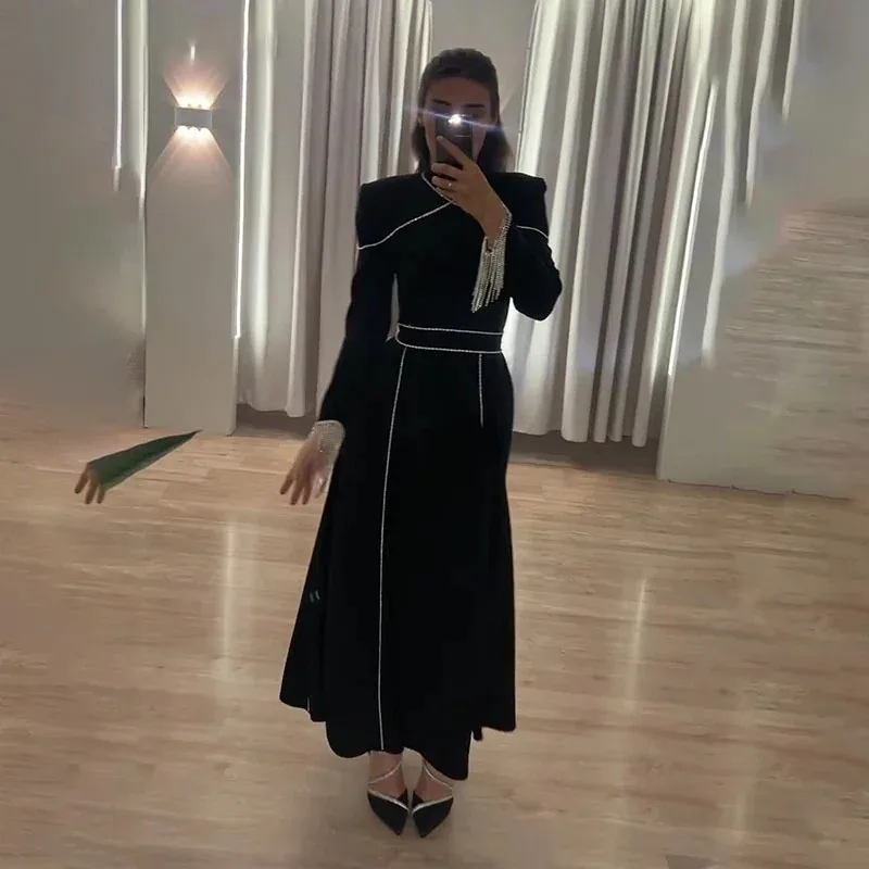 

Classy A Line Prom Gown Tassel Ankle Length Formal Occasion Dress 2024 Women's Long Sleeve O Neck Party Evening Gowns