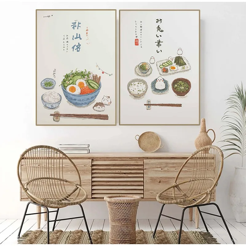 Kawaii Japanese Meal Poster Cute Rice Sushi Ramen Bowl Anime Food Canvas Painting Wall Art for Kitchen Living Room Home Decor