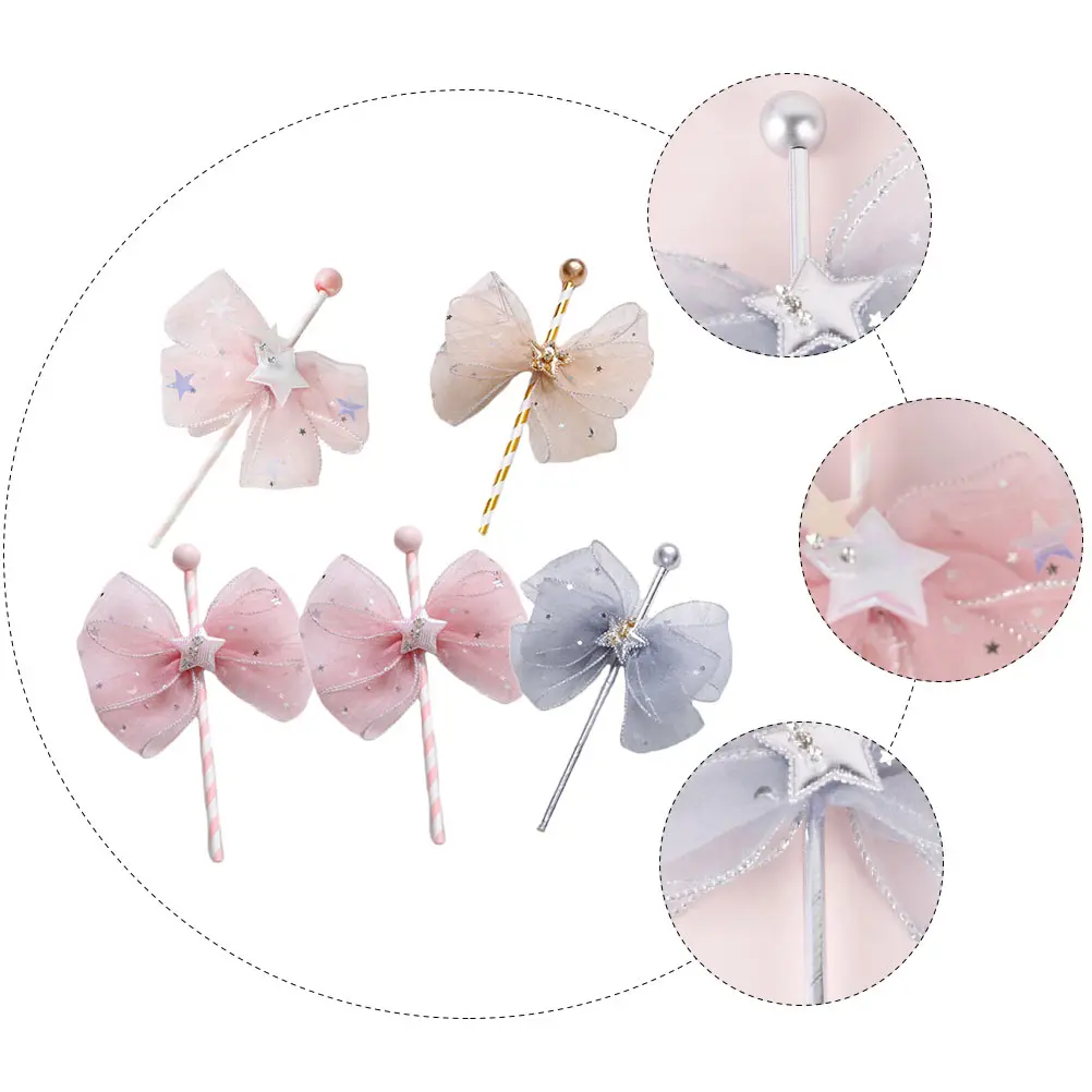 

5pcs Tulle Bow Decor Baby Birthday Cake Topper Set For Party Decorations Cupcake Inserts Dessert Decoration Baking Tools Themed
