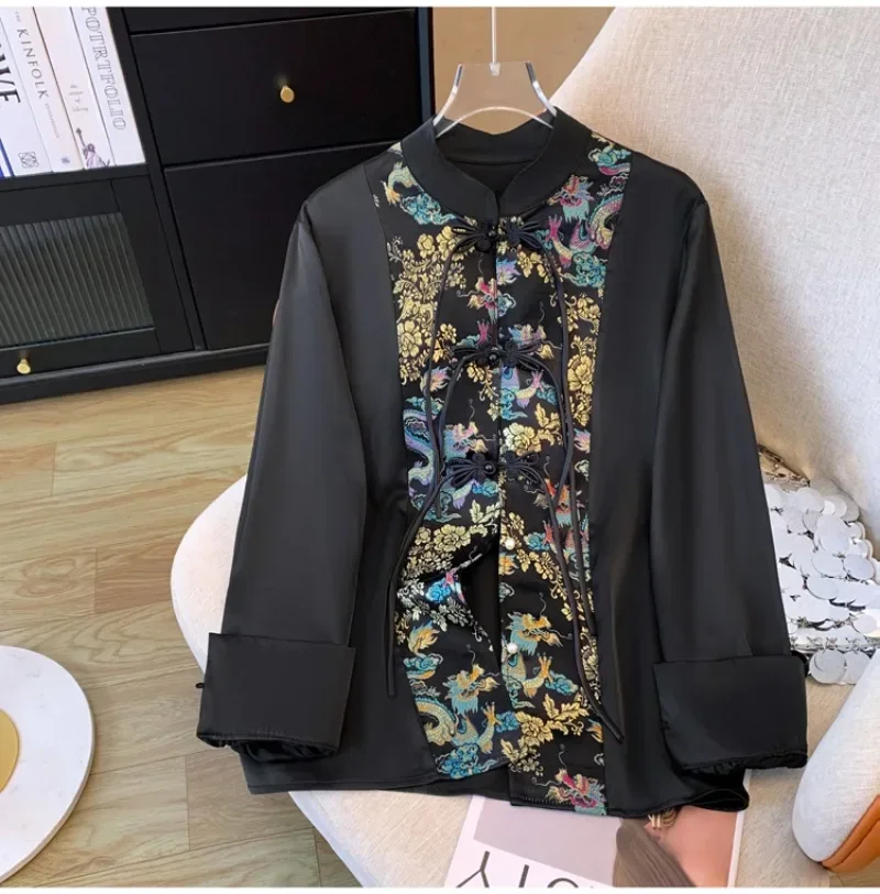 Satin Chinese Style Women\'s Shirt Loose Print Blouses Fashion Spliced Clothing Long Sleeves Spring/Summer Women Tops 2024 Korean