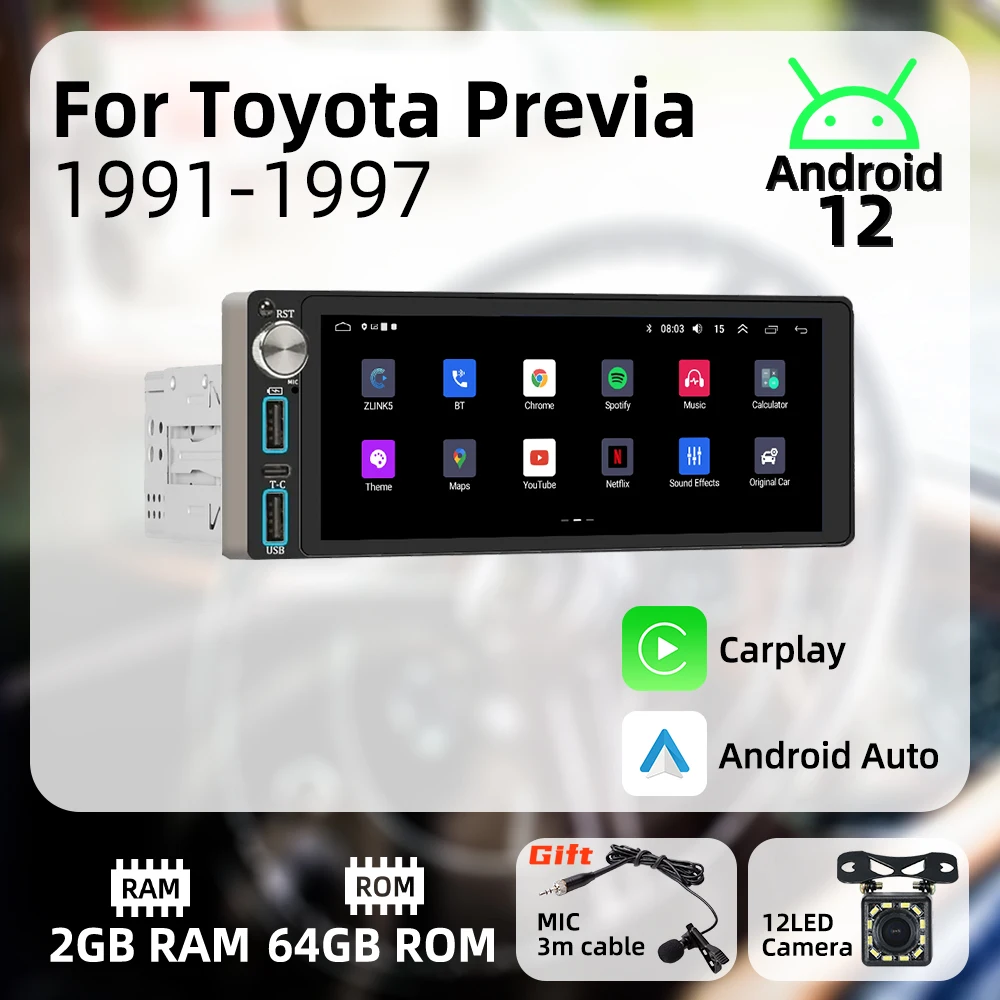 Carplay 1 Din راديو أندرويد السيارات سيارة الوسائط المتعددة لتويوتا بريفيا 1991-1997 6.86 "وحدة رأس الشاشة Autoradio GPS والملاحة #1