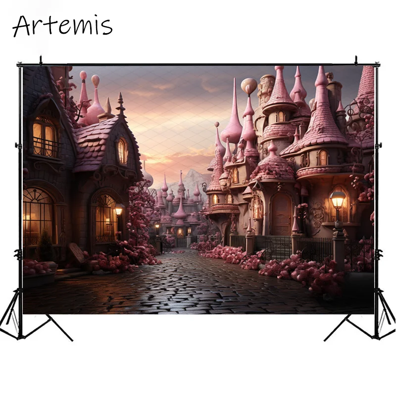 Valentine's Day Backdrop Pink Castle Spectacular Love Fairy Tale Romance Children's Birthday Portrait Background Photo Studio