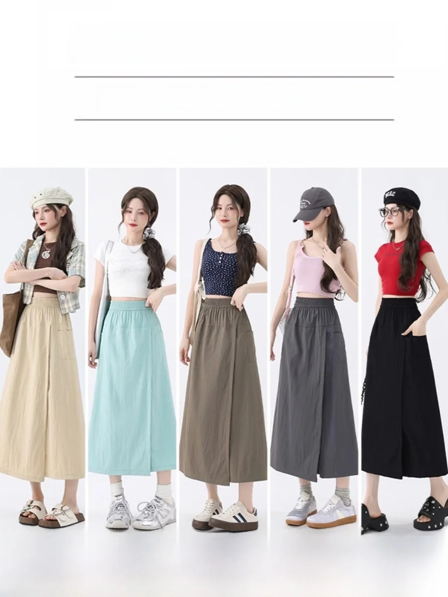 High Waist A-Line  Skirt Ice Silk Wide Leg Casual Women's Summer 2024 New Style Commute Wind Long Pants Other Materials