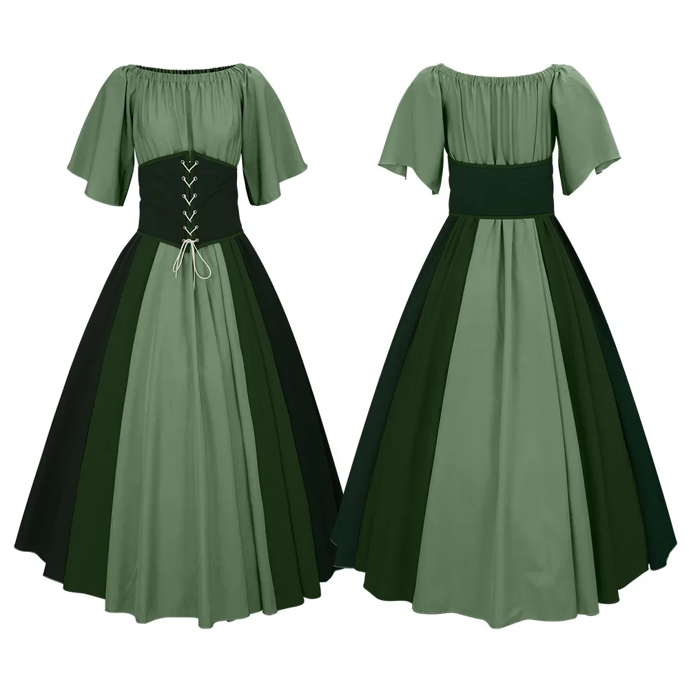 

Medieval Retro Color-blocked Slim-fit Dress With Flutter Sleeves Flared Skirt One-shoulder Design For Women Performance Dress
