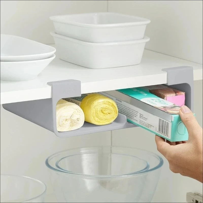 Wall Mount Cling Film Foil Storage Dispenser No Drill Under Cabinet Organizer Rack with Cutter Kitchen Shelf