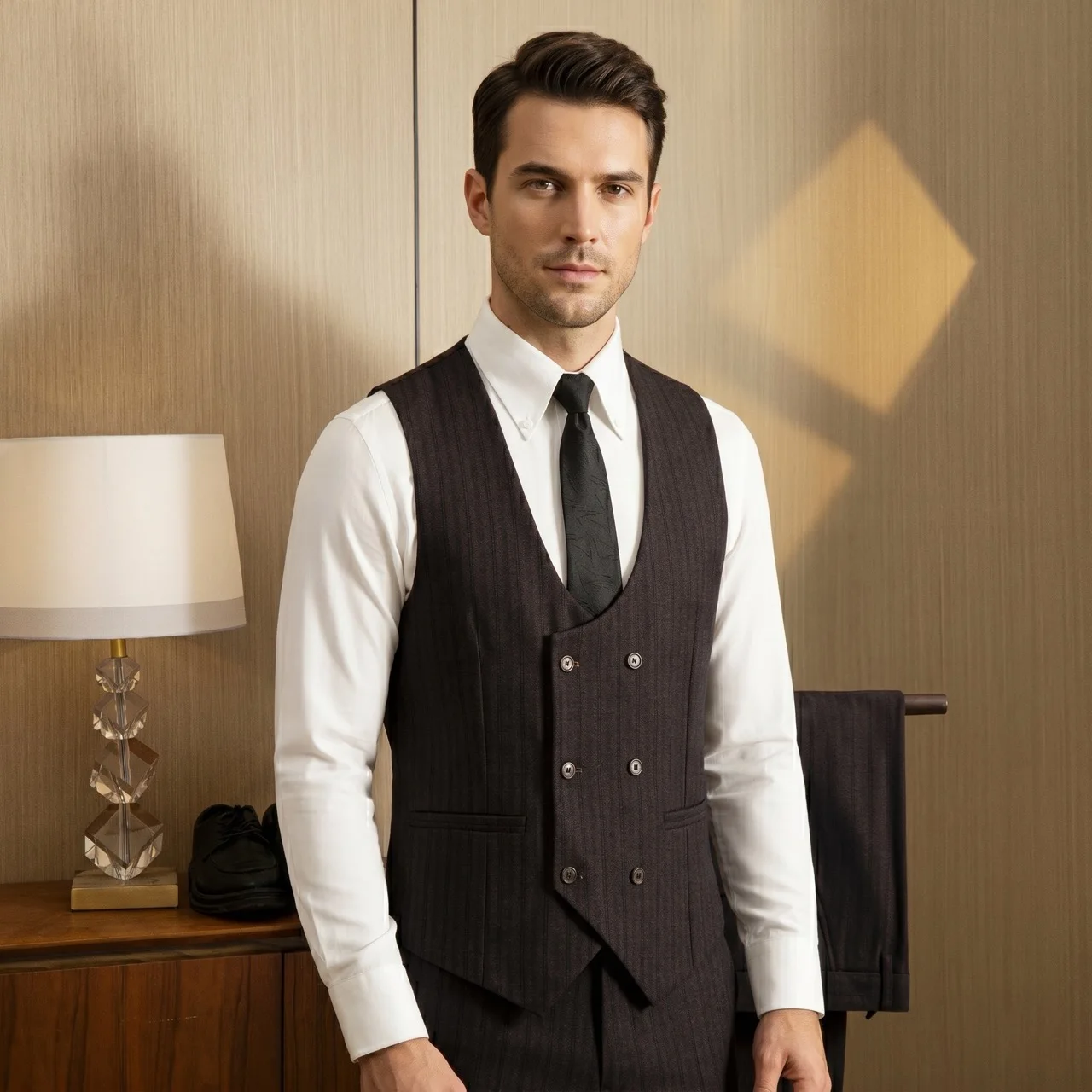 

Men's Striped Vest Double Breasted Suit Waistcoat U-Neck / Shawl Lapel Groomsmen Wedding Dress Vest Vintage Formal Business