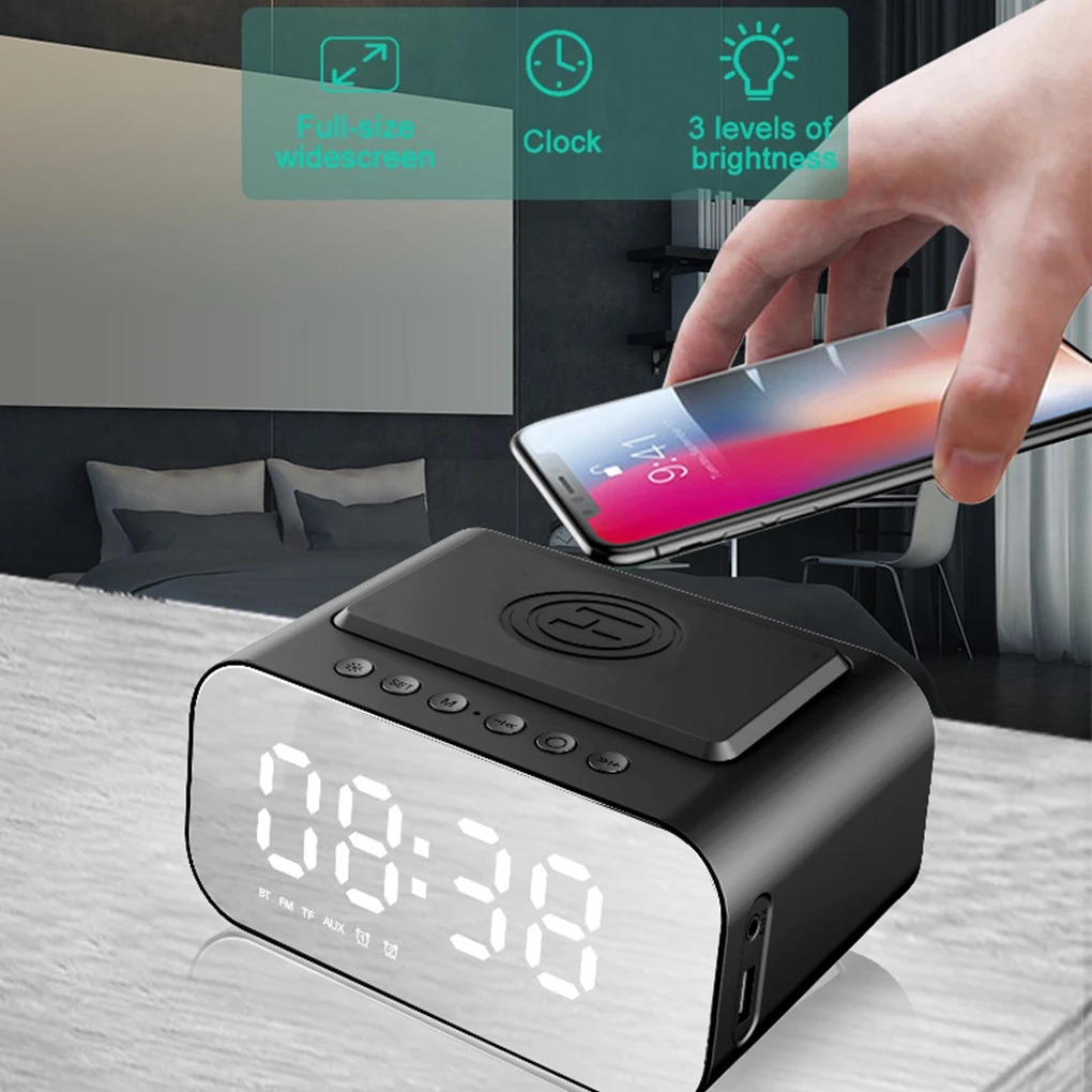 Digital Alarm Clock Bluetooth Speaker FM Radio Wireless Charger Phone Charging Pad USB Fast Charger Table Clock