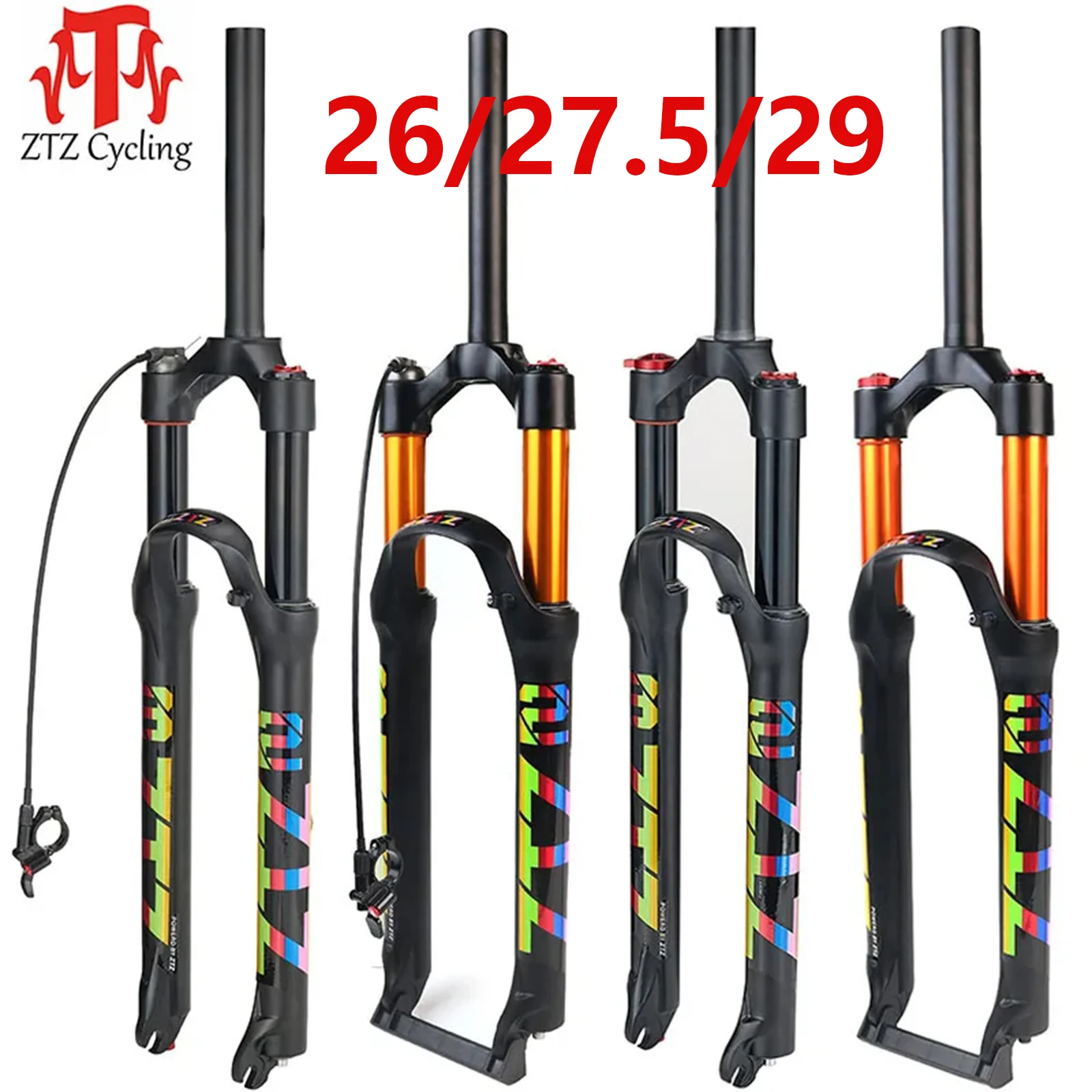 ZTZ MTB Fork Mountain Bike Suspension Fork 26/27.5/29 Air Fork, Rebound Adjust 1 1/8 Straight Tube QR 9mm Manual/Remote Lockout