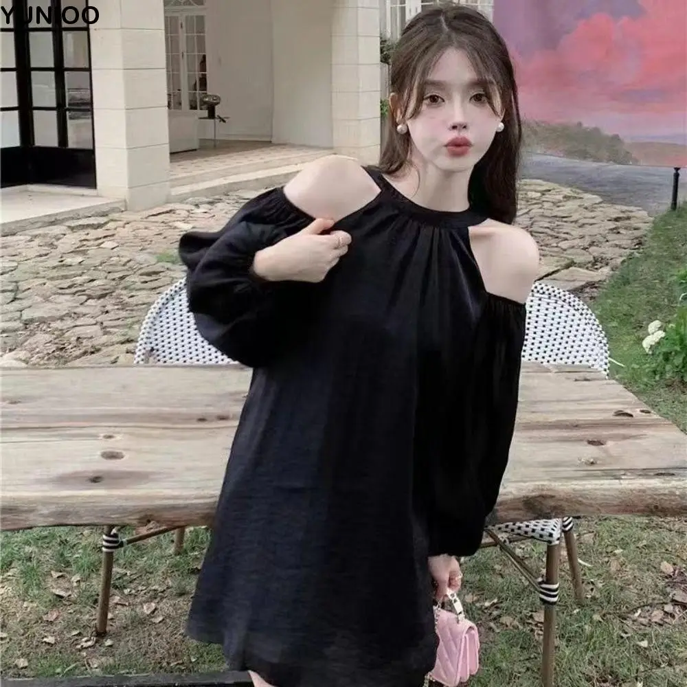 

Sweet Lantern Sleeve Off Shoulder Halter Dress Thin Elegant Halter Mini Dress Beachwear Korean Style A-line Short Skirt Party