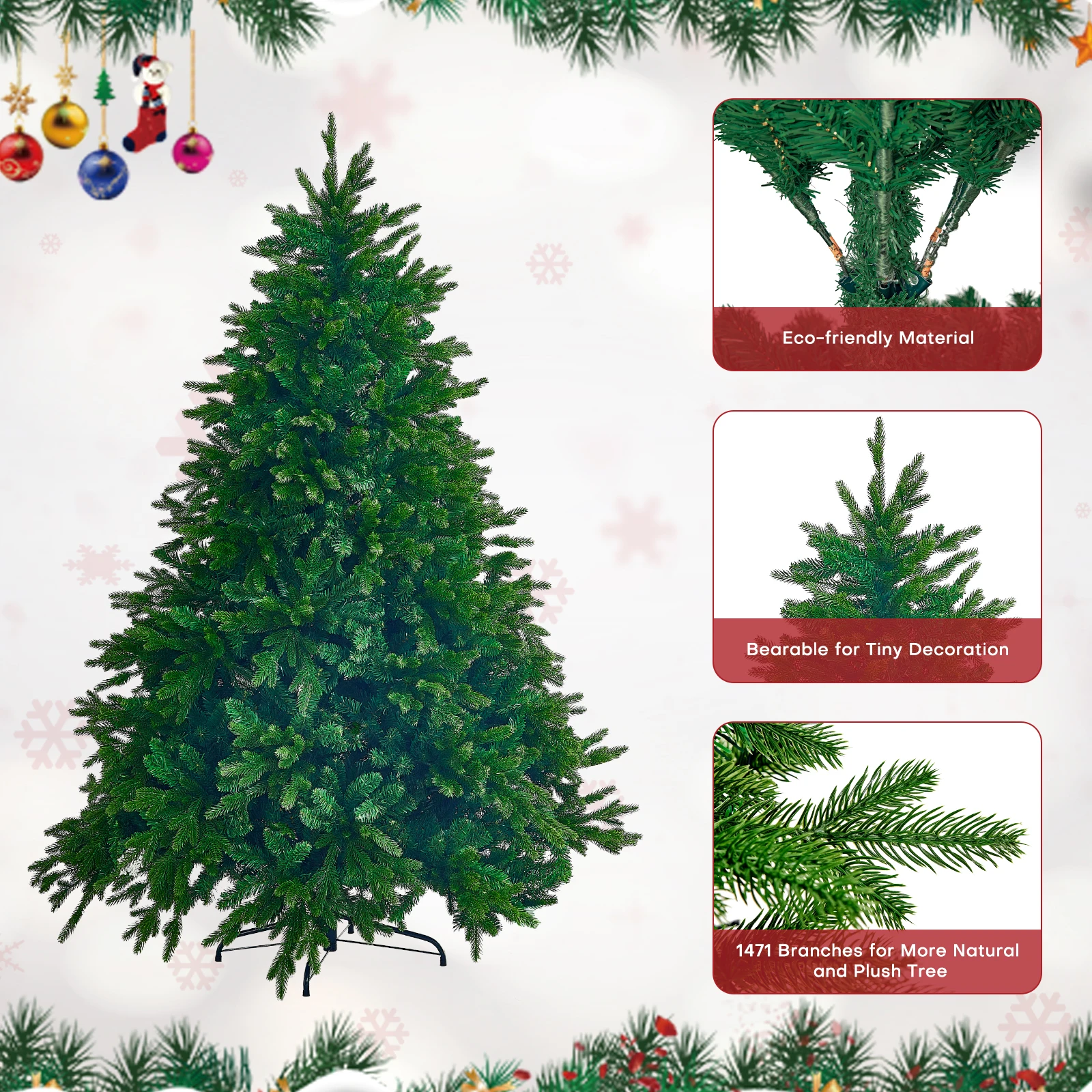 Redlife 6 ft Artificial Christmas Tree Fireproof Eco-friendly PVC PE Easy Assembly w/ Double Cross Metal Stand & 1,471 Branches