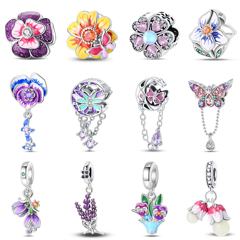 Abalorios de plata de ley 925 con forma de mariposa, tulipán, flor de Iris, compatibles con pulseras Pandora 925 originales, joyería fina para regalo de San Valentín