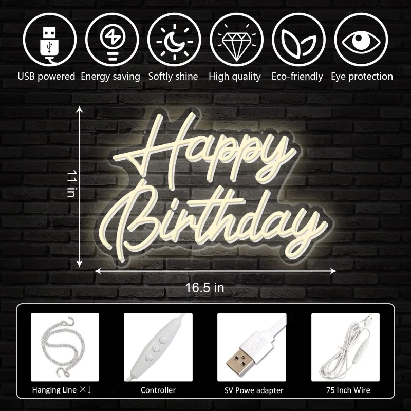 Imagem -06 - Warm White Happy Birthday Neon Sign Pode Ser Pendurado ou Colocado Flat Light Natal Aniversário Presente de Graduação Cafés 5v 165 x 11