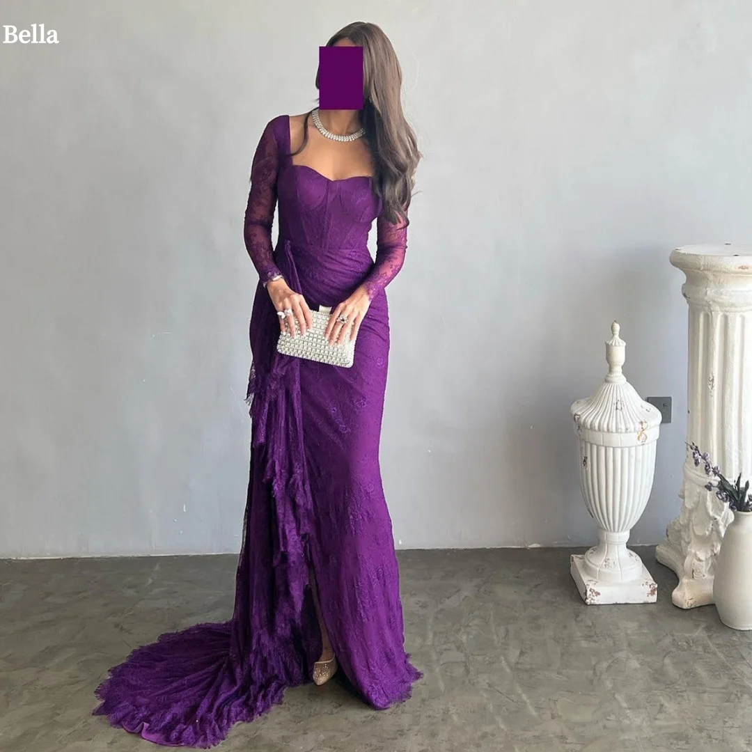 

Bella Customized Purple Mermaid Side Slit Strapless robes de soirée Long Sleeves Party Dresses Trailing Floor-Length Prom Dress