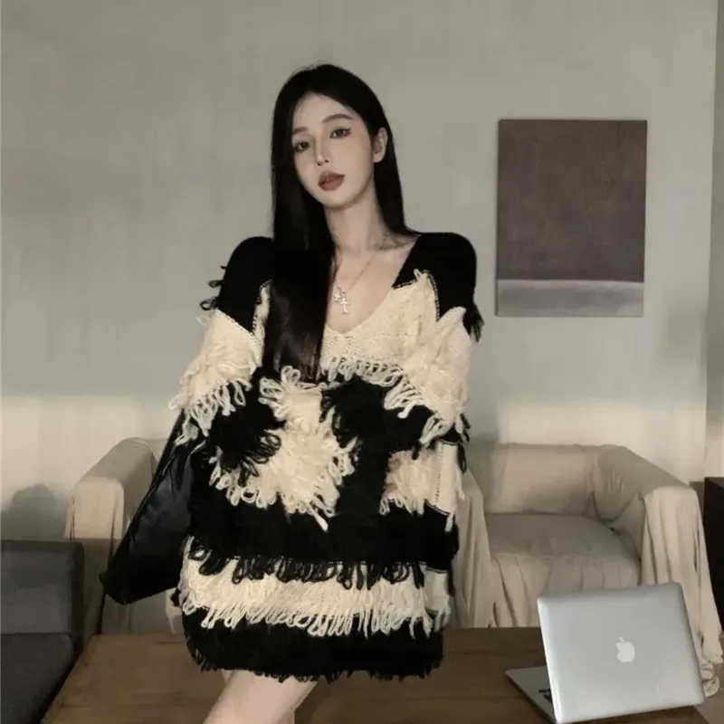 خريف 2025 كسول Sle Aosphere Faion طويل Sve شرابة مخطط فضفاض متعدد الاستخدامات سترة ملابس خارجية Ele Quali Ladies K...