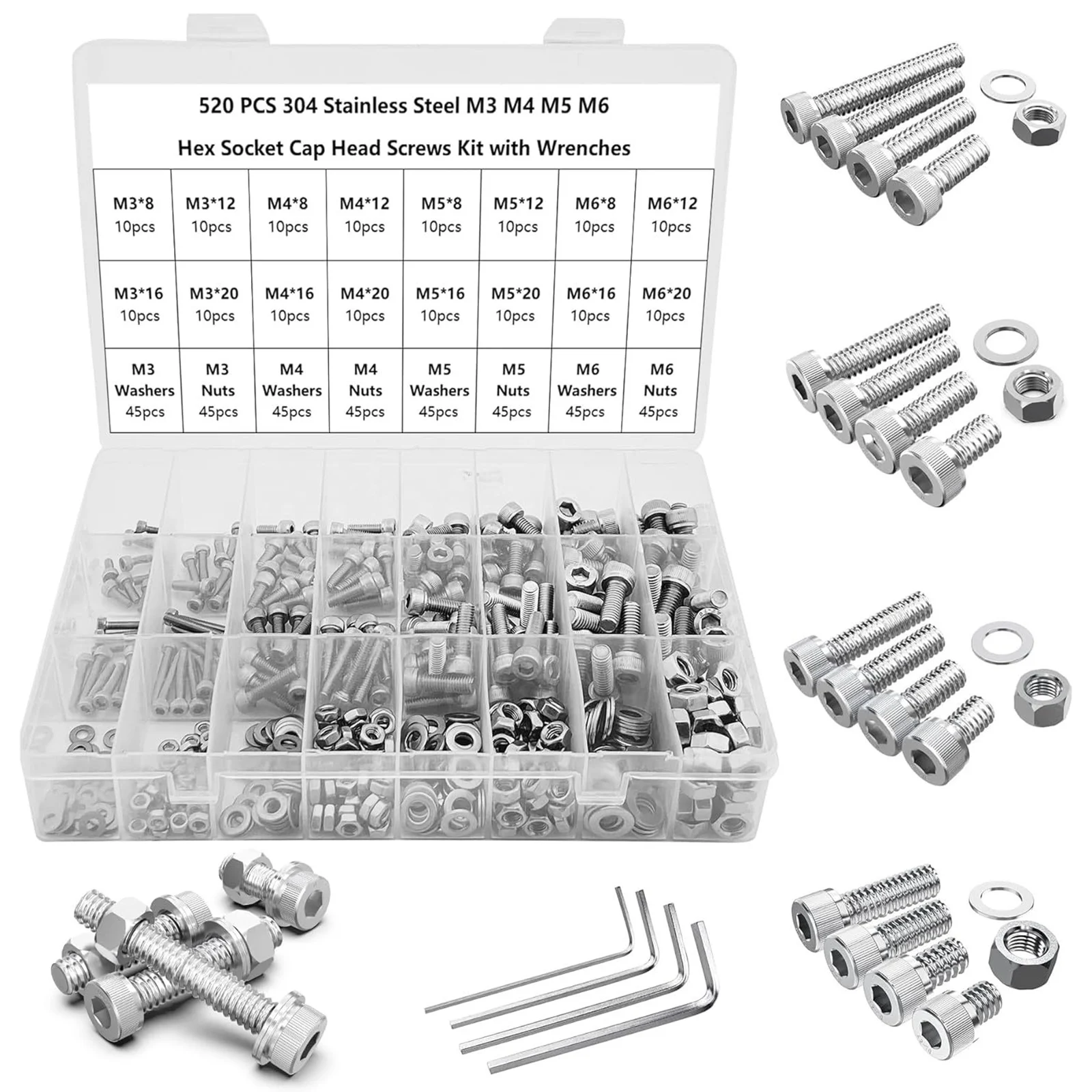 

520PCS M3 M4 M5 M6 Socket Screw Assortment Kit 304 Stainless Steel Hexagon Hex Socket Cap Head Screw Bolt Nut Washer Set