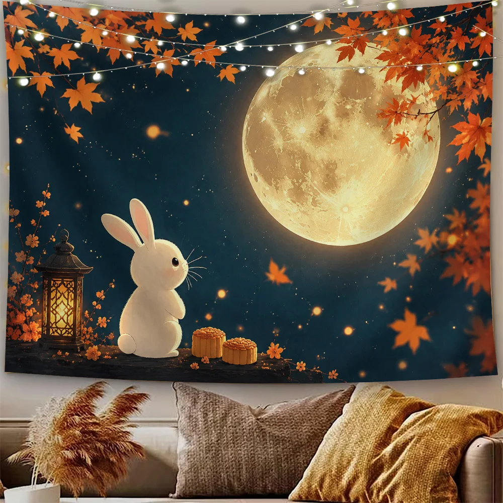 Mid Autumn Festival Tapestry Wall Hanging, Jade Rabbit Full Moon Maple Mooncake Lantern Starry Print for Meditation Room Party