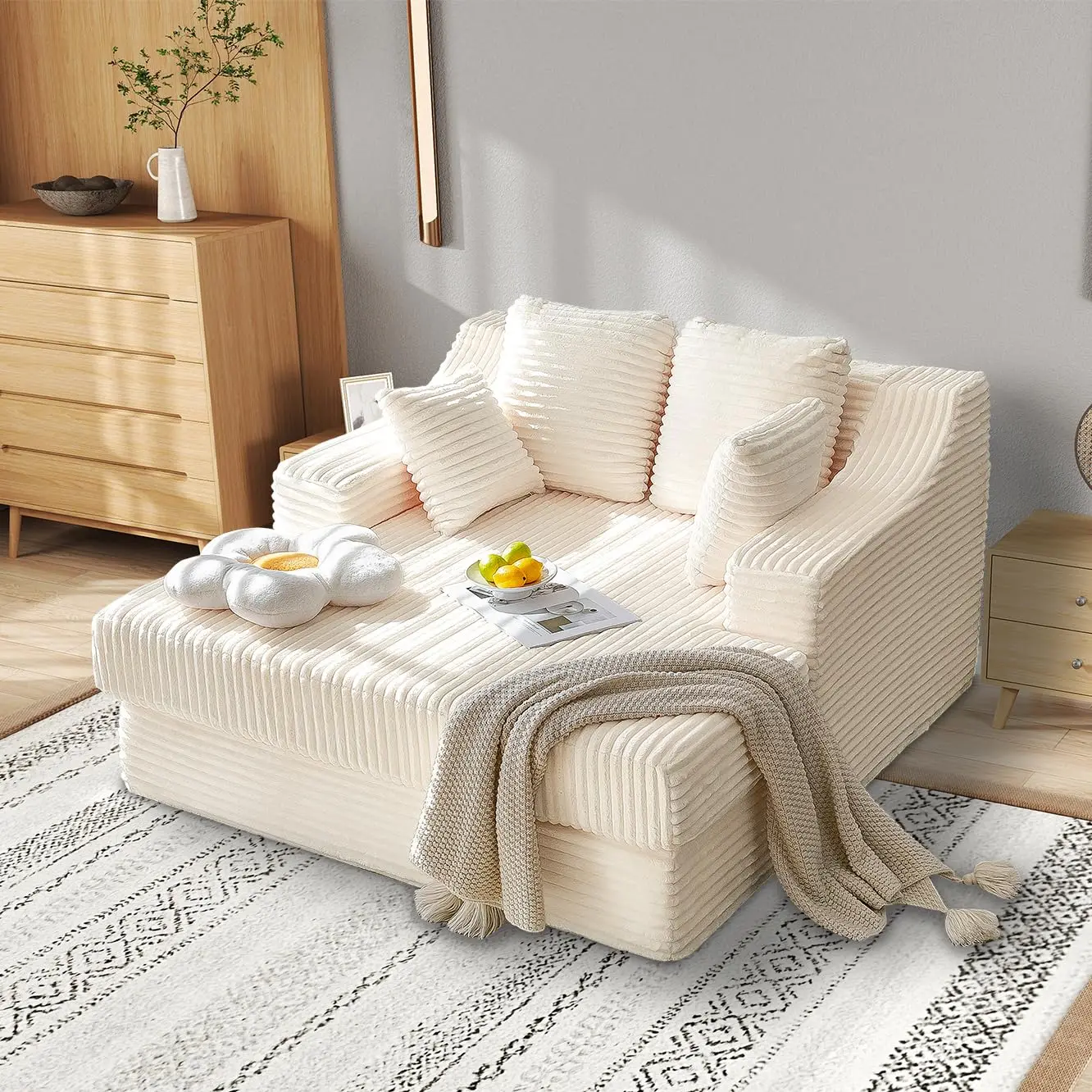 55 Inch Chaise Lounge Indoor - Oversized Chaise Lounge with 4 Throw Pillows and Armrets, Upholstered Plush Sofa, Customized