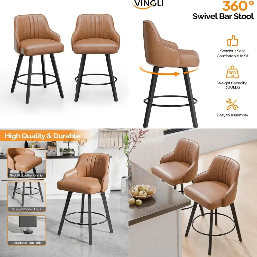 Vingli 26-Inch Swivel Bar Stools Set of 2, PU Leather-Covered Counter Height Chairs with Back Support for Kitchen and Dining Are