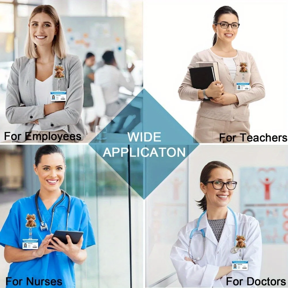 بكرة شارة بقرة المرتفعات. مشبك معرف لطيف وقابل للسحب للممرضات والأطباء والمعلمين والطلاب.