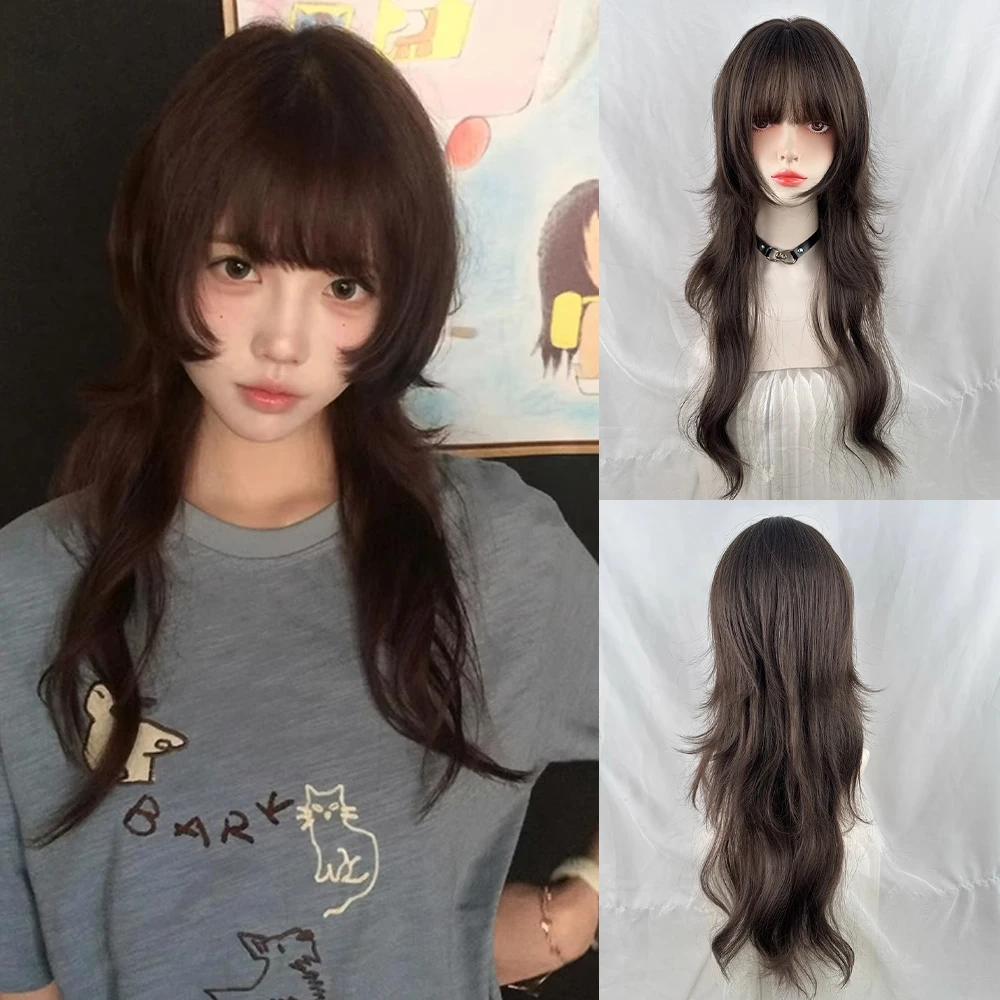 

Long Wavy Layered Jellyfish Head Brown Synthetic Wigs with Bangs Lolita Cosplay Fluffy Women Wig for Daily Party