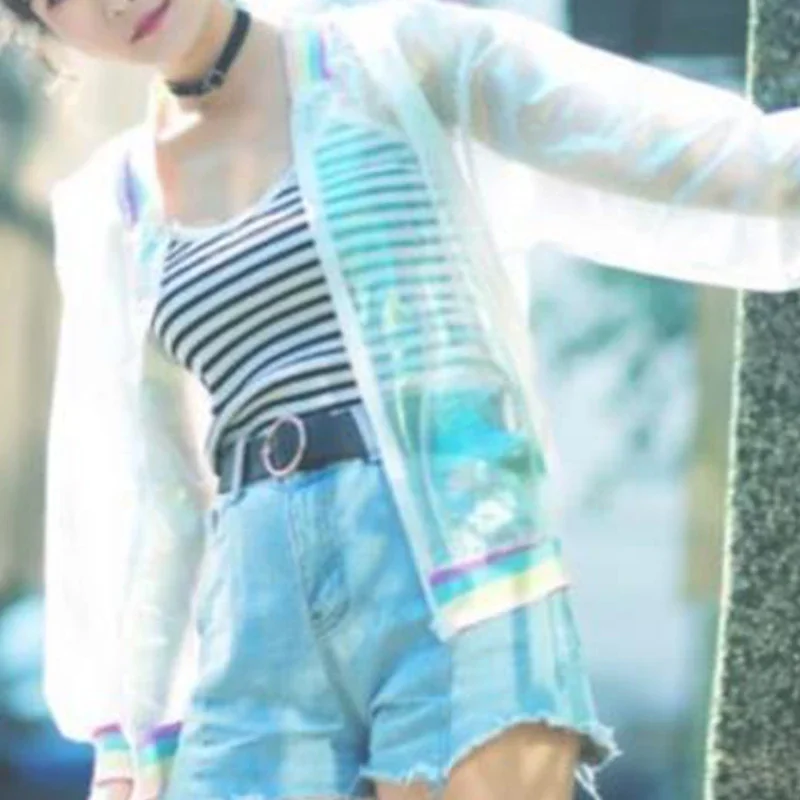 Women Jacket Iridescent Rainbow Color Organza Transparent Jacket Holographic Coat Laser-Sunscreen Baseball Lady Jackets Outwear