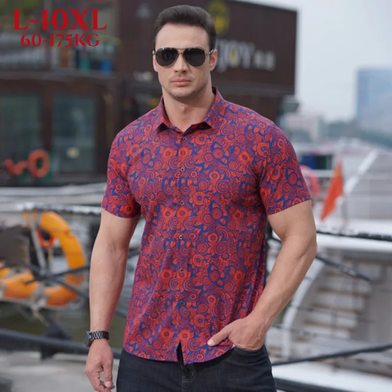 

Senior Summer Hawaiian Red Shirts Tropical Floral Men Tops Casual Short Sleeve Chemise Loose Vacation Beach Plus Size 10xl