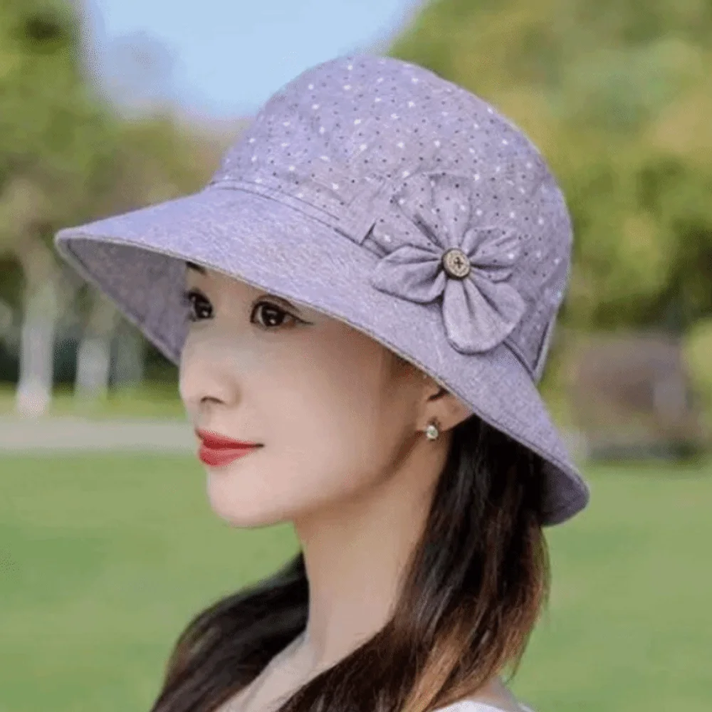 

Wide Brim Bow Fisherman Hat Thin Button Bucket Hat Cloth Material All-matching Design Elderly People's Large Brim Cap Garden Use