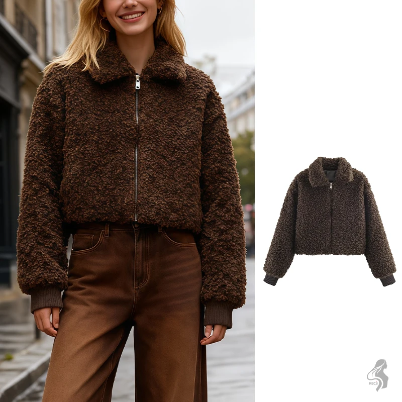 

Fashion Faux Shearling Short Jacket With Lapel And Zipper Stylish And Versatile Womens Coat Casual Winter Outfit Suitable
