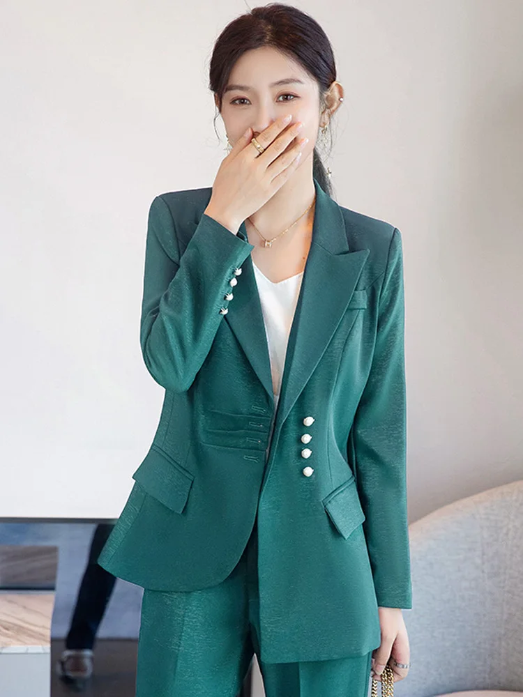 Autumn Winter Long Sleeve Women Formal Pant Suit Female Ladies Green Black Business Work Wear 2 Piece Set Blazer And Trouser