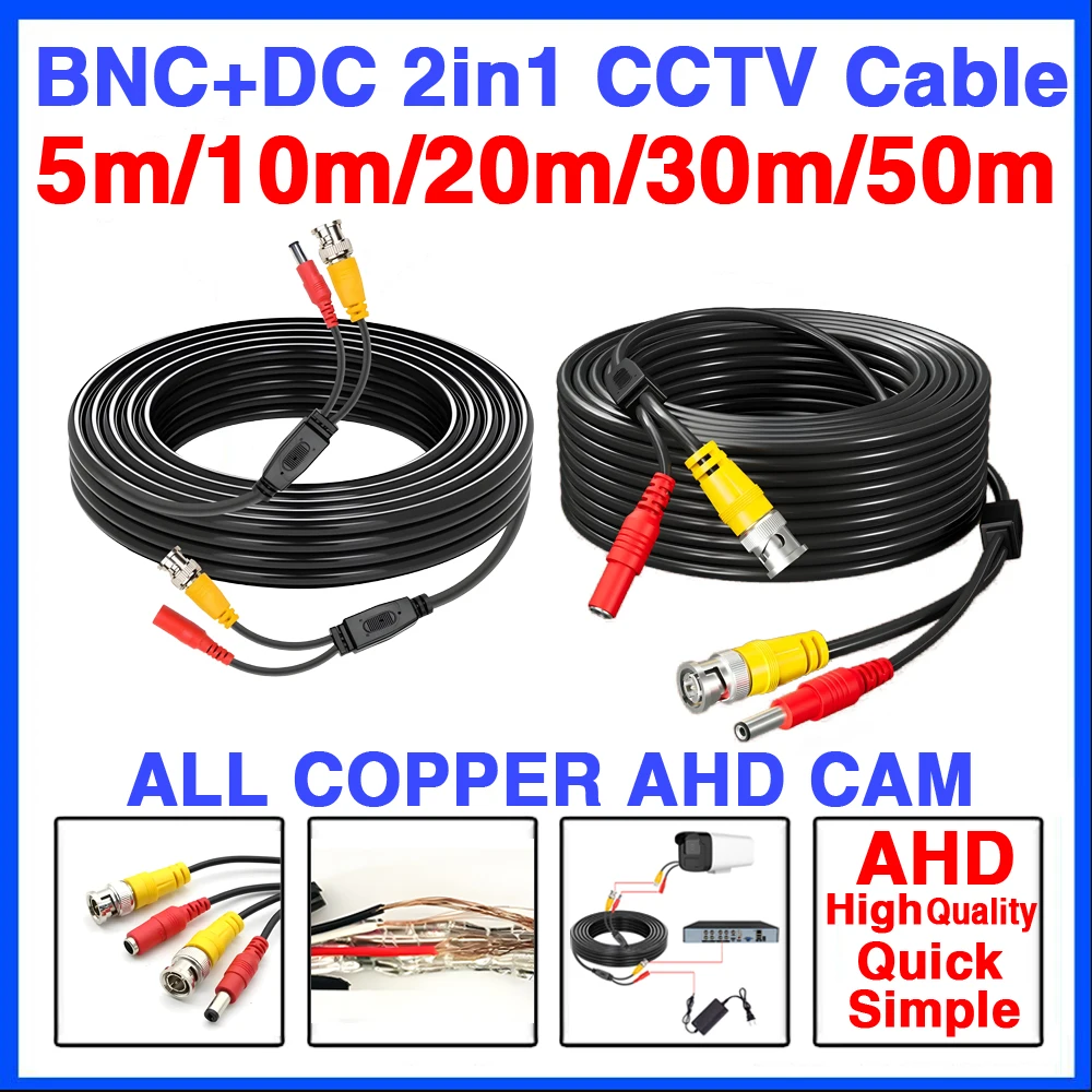 

Ahd Cctv Camera Finished Extension Wire HD Video+Power Cable All Copper 5m 10m 20m 30m 40m 50m Premium Aluminum Foil Bnc+Dc 2in1