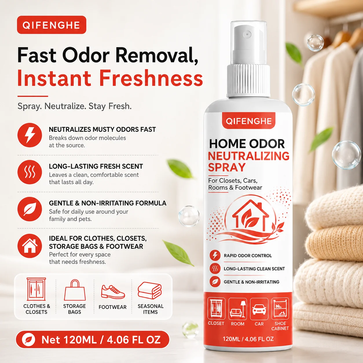QIFENGHE Foot Shoe Deodorizer Spray, Instant Odor Neutralizer, 120ml All-Purpose Freshener, Safe for Leather Shoes, Sneakers, Cl