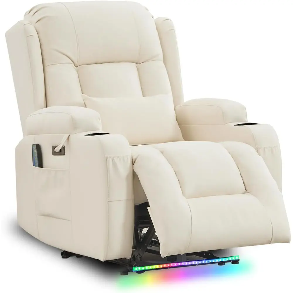 

Massage & Heat Recliner Sofa with USB, Storage, Side Pocket, LED Light, Speaker - Cream White