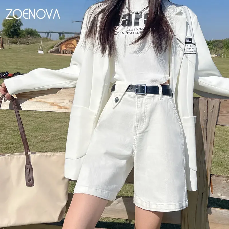 ZOENOVA 2023 Stretch Women Five Point Wide Shorts Jeans Belt Solid High Loose Streetwear Denim Y2K Clothing Black Coffee Ladies