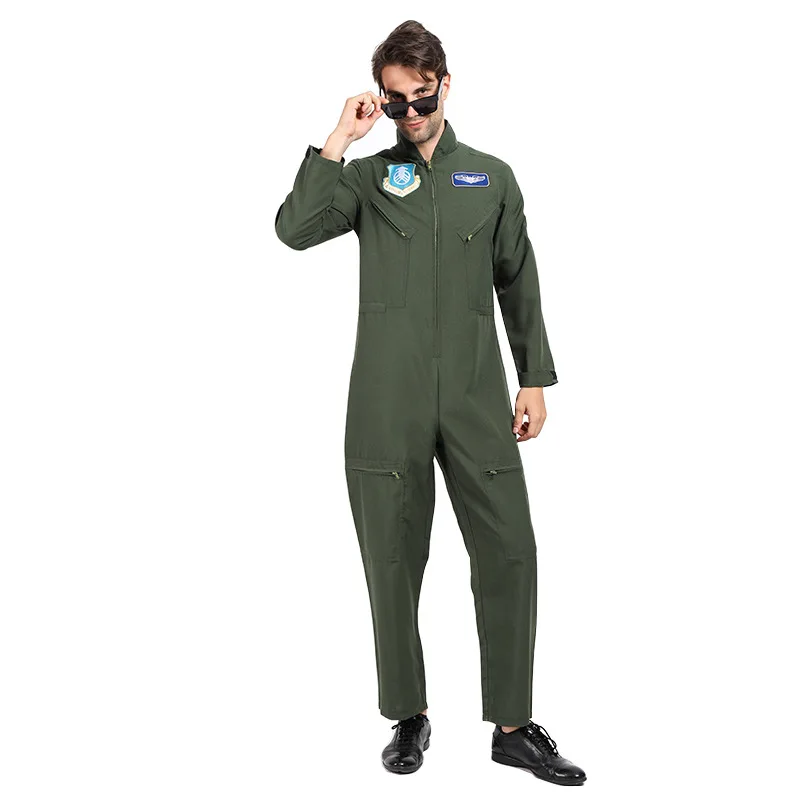 Army Green Men Halloween Aviator Pilot Uniform Costumes Adult Special Forces Cosplay Carnival Purim Role Play Show Party Dress