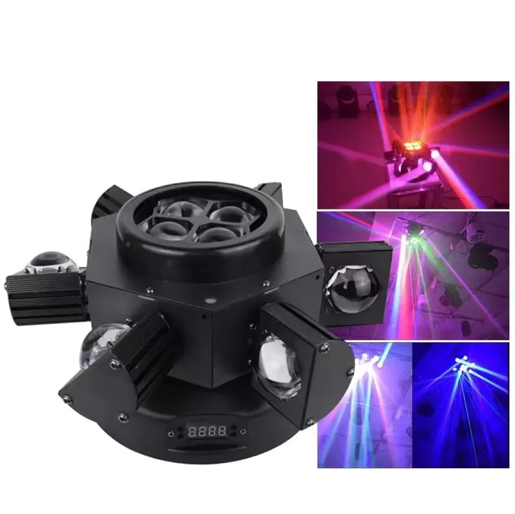Moving Head Beam Light, 6 Arm LED RGB, DMX, DJ Stage Lights, Equipamento de iluminação para Disco Concert, 10x10W