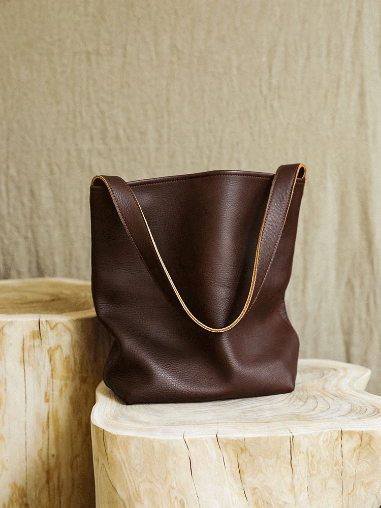 Simple vintage high quality first layer cowhide women's large capacity tote bag travel luxury soft genuine leather shoulder bag