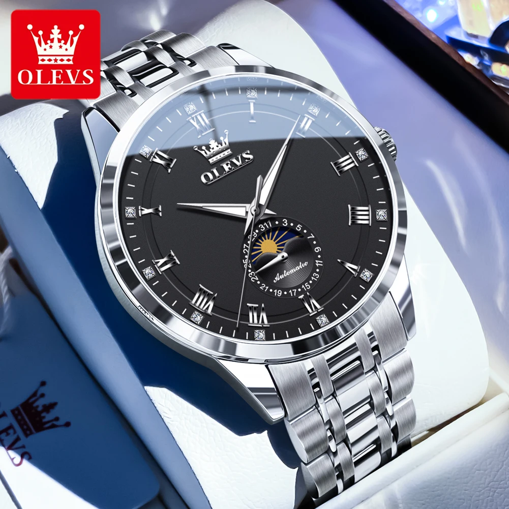 OLEVS 7063 القمر المرحلة التلقائي الميكانيكية ساعات رجالية الفولاذ المقاوم للصدأ 30 متر مقاوم للماء ساعة مضيئة الأصلي الفاخرة رجل ساعة #1