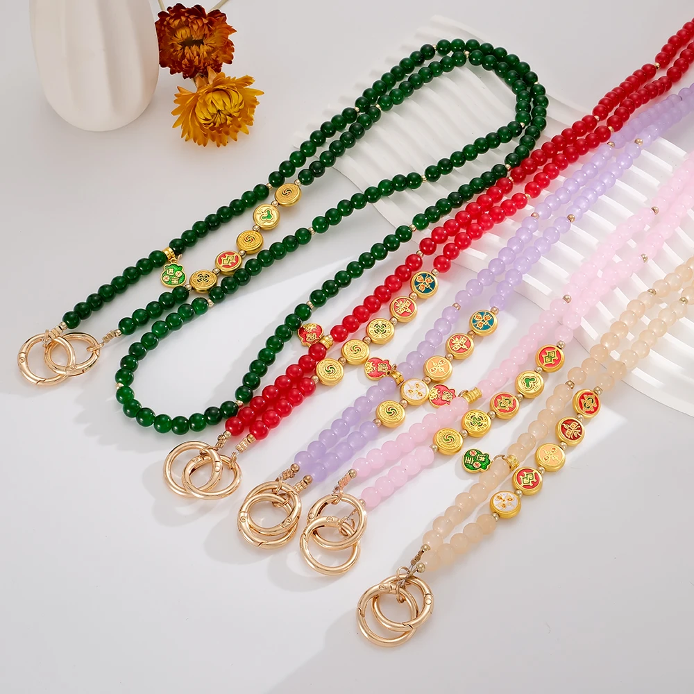 

New Chinese Style Five Emperors Coin Bead Crossarm Chain Art Retro Anti Drop Phone Pendant With Transparent Card