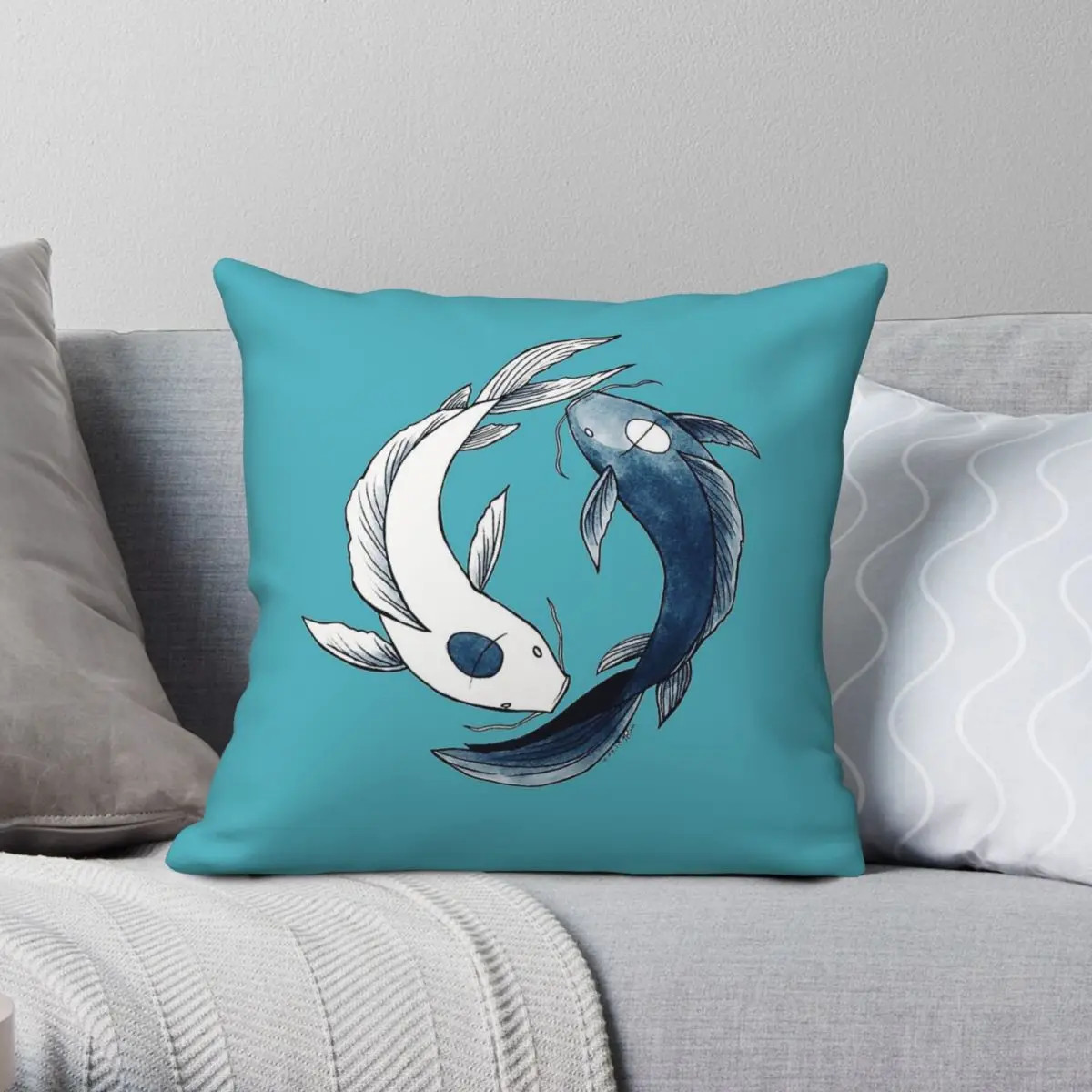 كسوة مخدة مربعة للأسماك Tui and La Yin & Yang Koi ، كسوة مخملية من البوليستر ، كسوة وسادة مزخرفة ، مقاعد أريكة ، وسادة #1