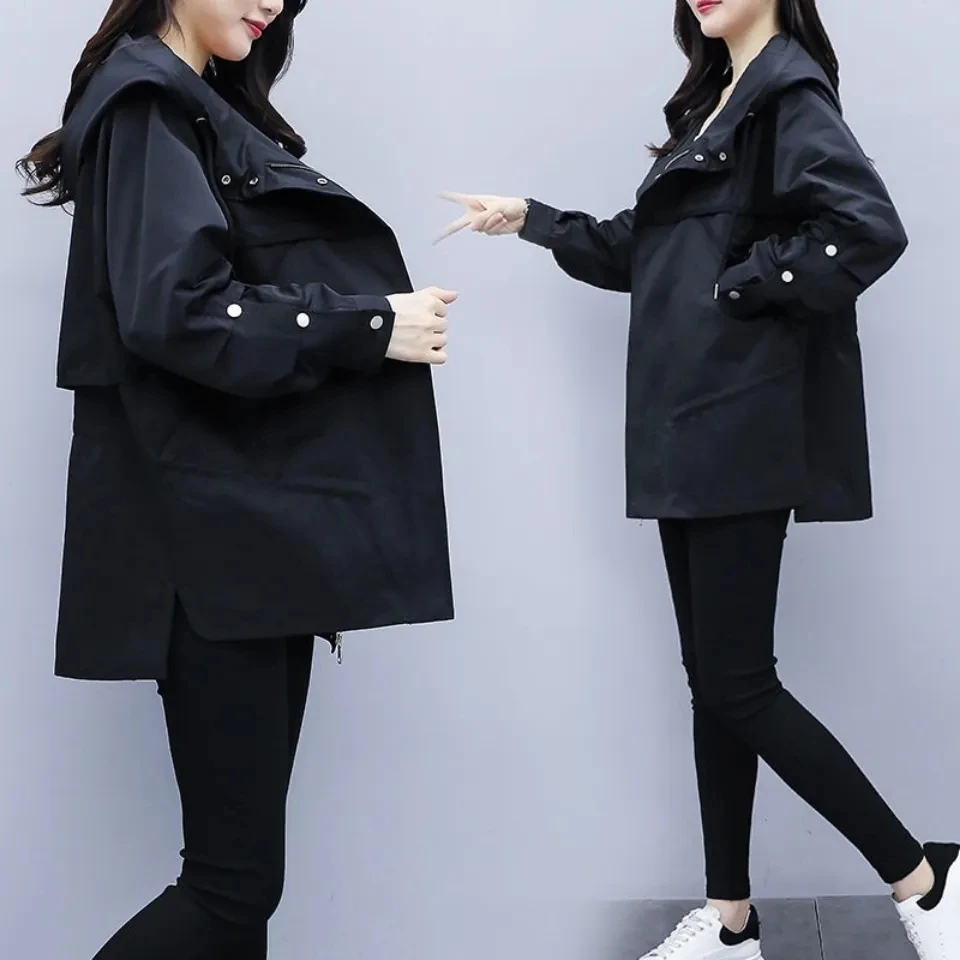 

Beige Windbreaker Women's Mid-Length Trench Coat 2025 Spring And Autumn New Korean Loose Hooded Black Jacket Female