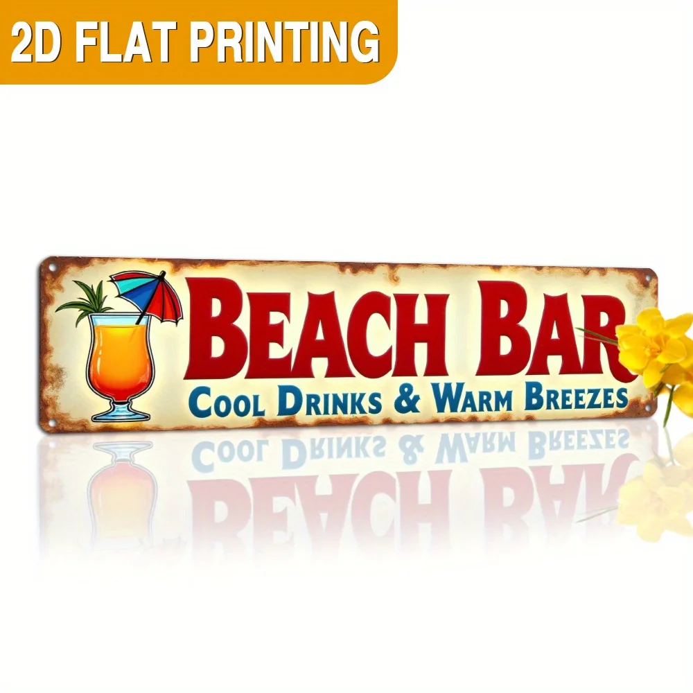 2D Flat Retro Beach Bar Metal Sign - 1pc 