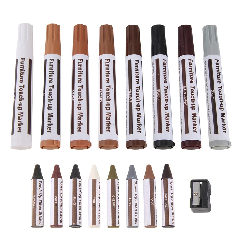 

AA58 Furniture Repair Kit Wood Markers - Set of 17 - Markers and Wax Sticks with Sharpener Kit, for Scratches, Wood Floors