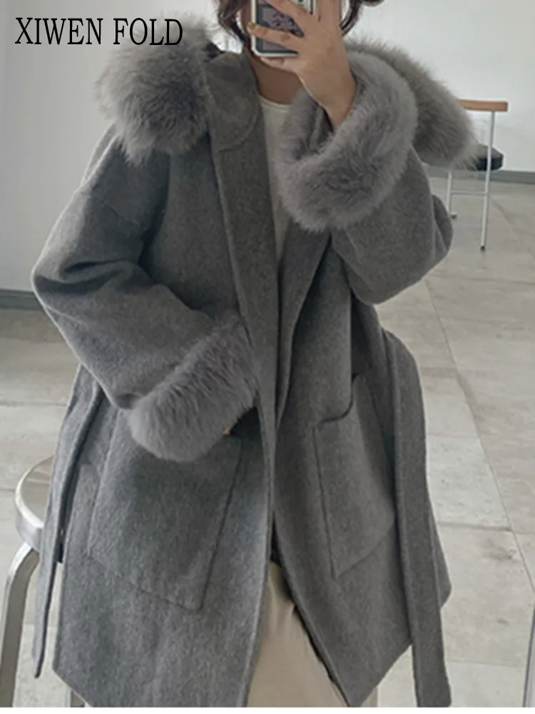 

XIWEN 2023 Winter New Design Hooded Real Wool Coat Jacket With A Detachable Loose Fitting Medium Length Woolen Clothes XF1025