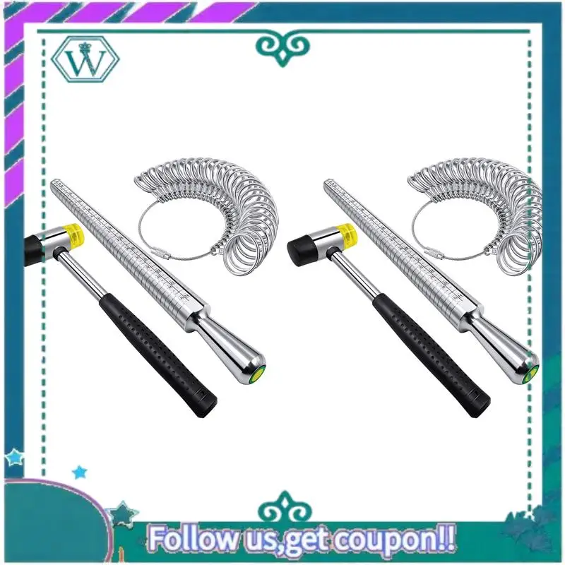 

A09P 2X Ring Sizer Measuring Tool Set Including Ring Mandrel Metal Ring Sizer Gauge Kit Rubber Mallet Hammer US Version