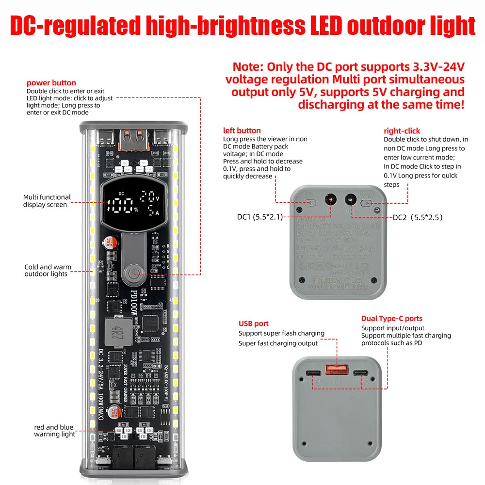 PD 100W Fast Charge Transparent Power Bank Case 8‑Cells 21700 Battery Holder Kit No Soldering DC Adjustable Voltage LED
