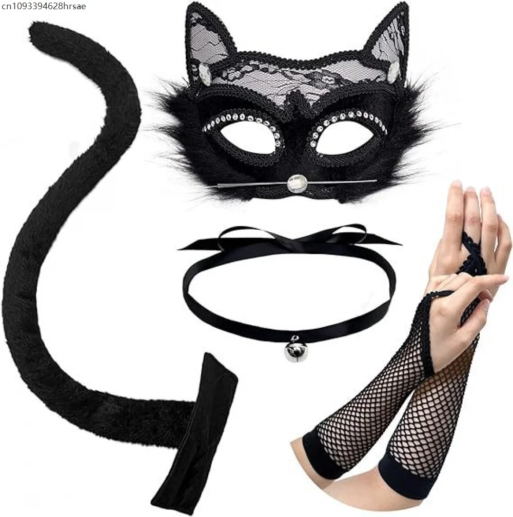 

Halloween Cat Lace Masquerade Mask Set Lace Ears,Gloves,Tail,Choker Necklace with Bell for Adults Party Fancy Dress