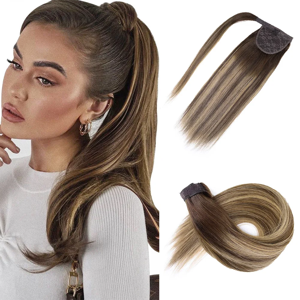 Straight Ponytail Human Hair Extensions Wrap Around Magic Paste Ponytail Natural Real Hair Ponytail Hair Extension  T4/27#