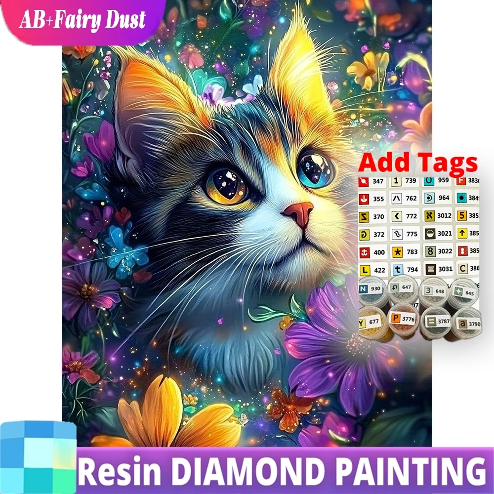 Harz-Feenstaub AB 5D Diamantmalerei Katze Blume DIY Bild mit Strasssteinen Set Vollständige Verzierung Stickerei Kätzchen Mosaik Tier Heim