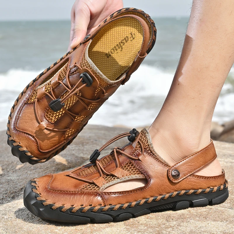 

Мужские летние сандалии в британском стиле, кожаная модная уличная пляжная обувь, мужские оксфорды на высококачественной подошве ручной работы