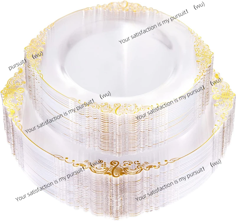 

Пластиковая тарелка на 50-местная, белая пластиковая тарелка с золотым краем, золотая кружевная тарелка для свадебных торжеств.